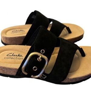 Clarks Black Sandals with Silver Buckle and Cork Footbed